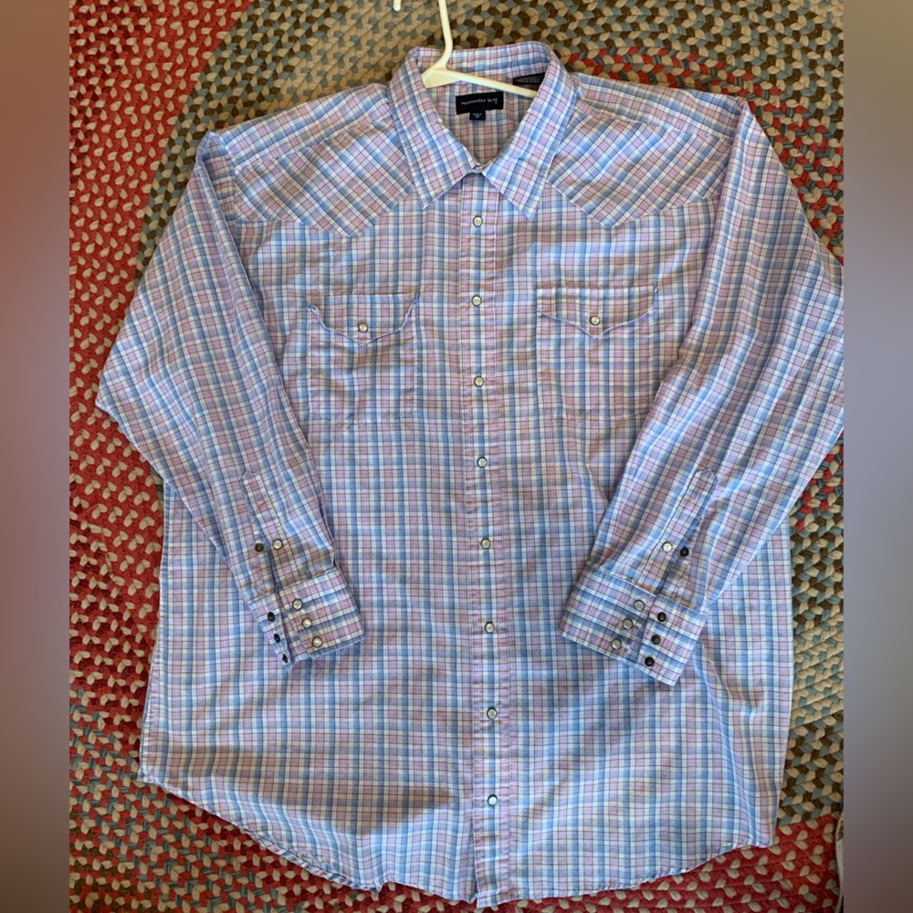 - Men’s panhandle slim western shirt size XXLT, pink blue plaid, with snaps